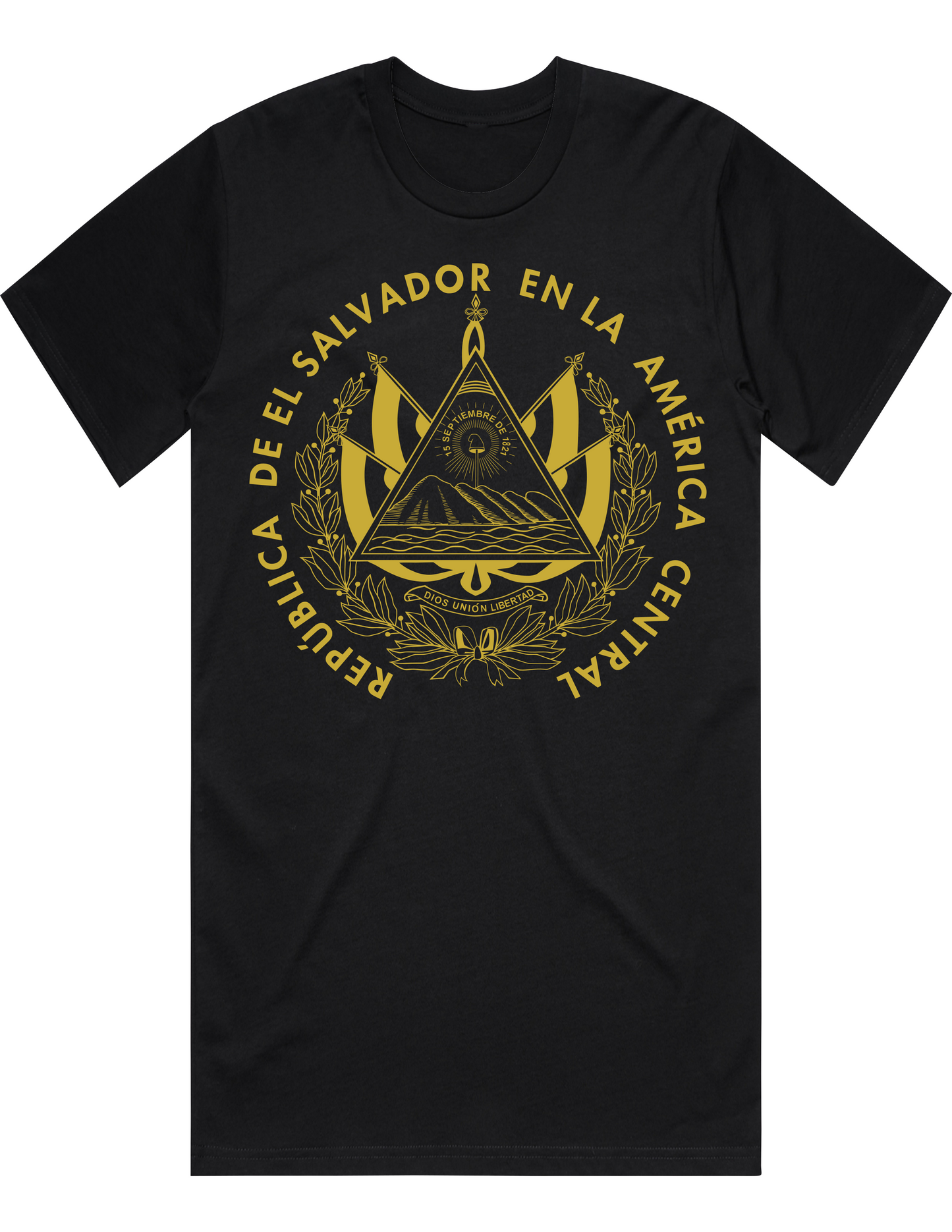 El Salvador - Black T-shirt, (coat of arms/escudo) - Gold Print, Custom Made, Great Quality