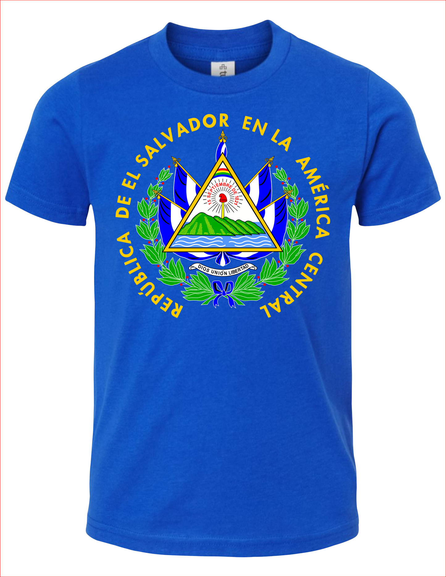 El Salvador - Royal Blue T-shirt, (coat of arms/escudo) - Color Print, Custom Made, Great Quality